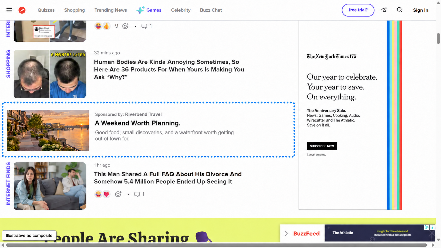 Illustrative BuzzFeed live-site screenshot composite with a waterfront image, ad disclosure, Riverbend Travel advertiser name, and headline A Weekend Worth Planning