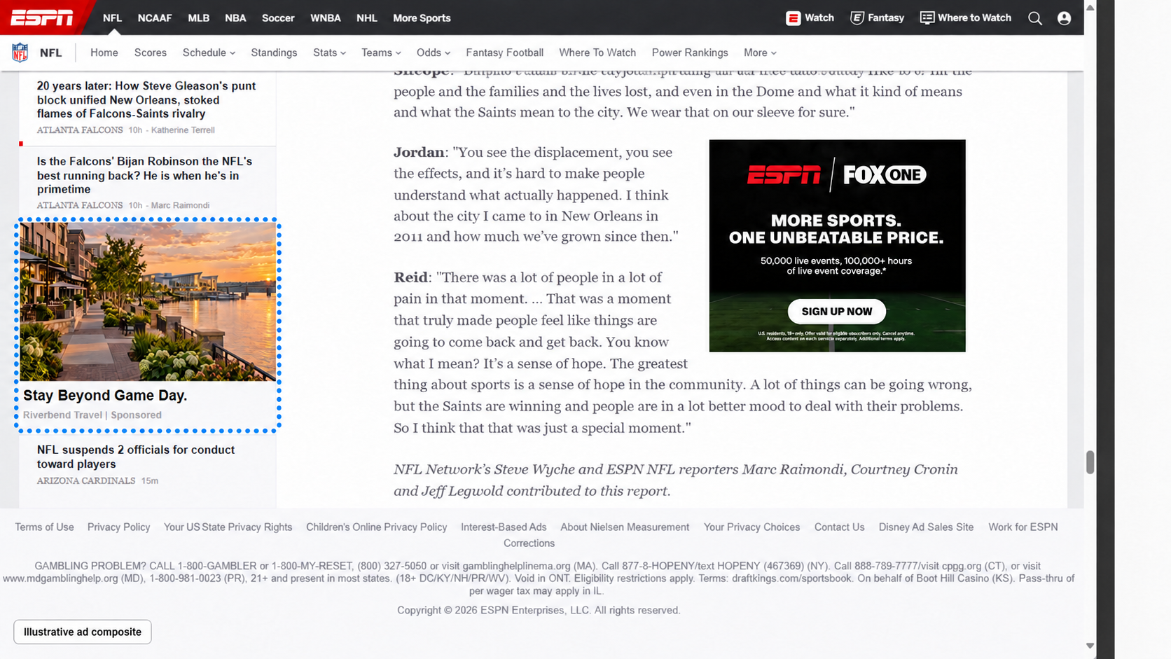 Illustrative ESPN live-site screenshot composite with a waterfront image, ad disclosure, Riverbend Travel advertiser name, and headline Stay Beyond Game Day