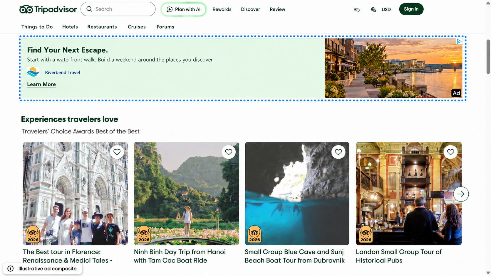 Illustrative Tripadvisor live-site screenshot composite with a waterfront image, ad disclosure, Riverbend Travel advertiser name, and headline Find Your Next Escape