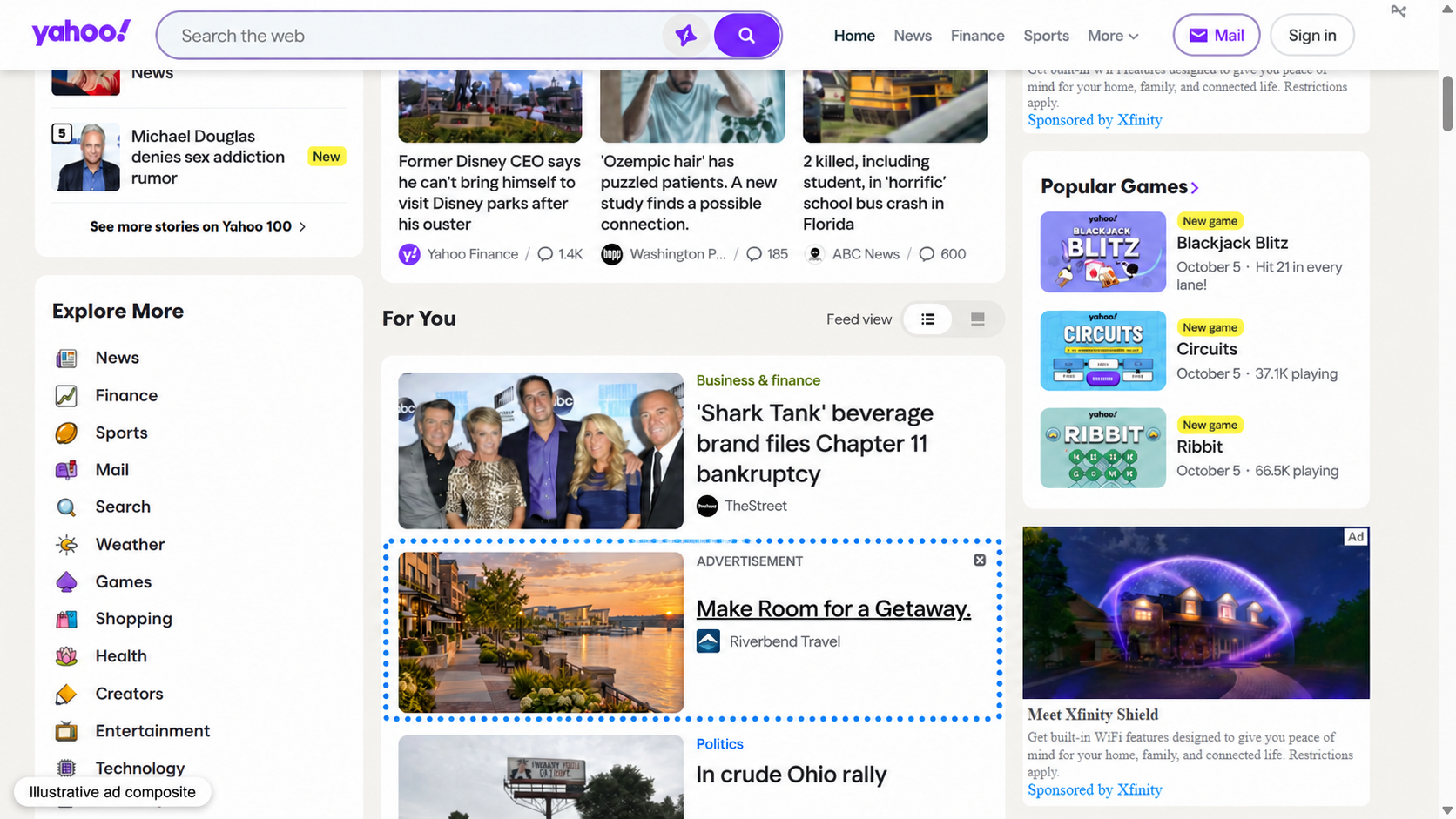 Live Yahoo screenshot with Riverbend Travel creative inserted into a sponsored slot. Illustrative composite, not a delivered ad.